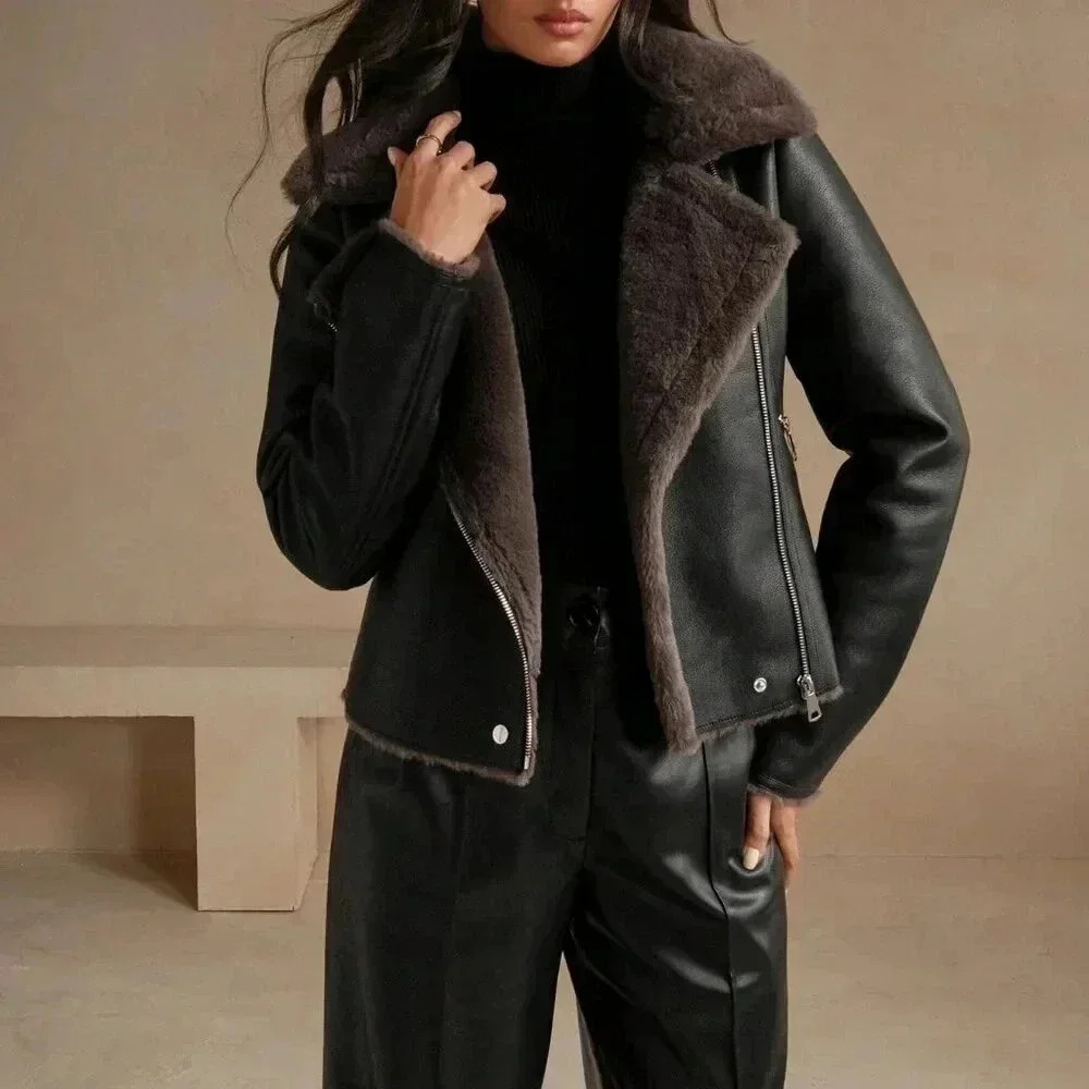 Black Casual Women's Faux Leather Composite Collar Jacket